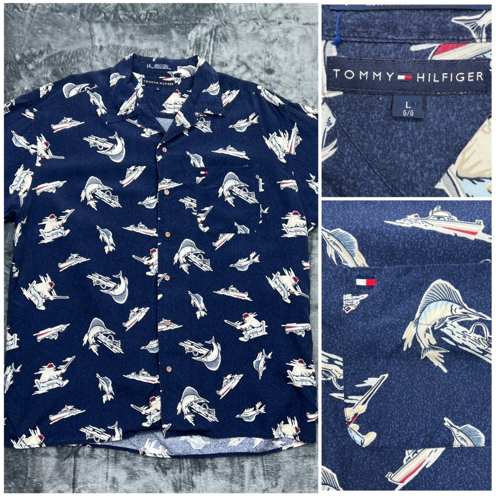 Tommy Hilfiger Men's Vintage Fishing Button-Up Shirt Men's  Size L Marlin Boats‎